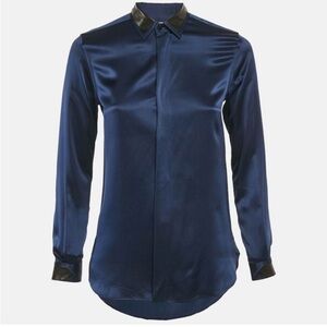 Saint Laurent Silk Button Down Blouse Lamb Leather Trim Size